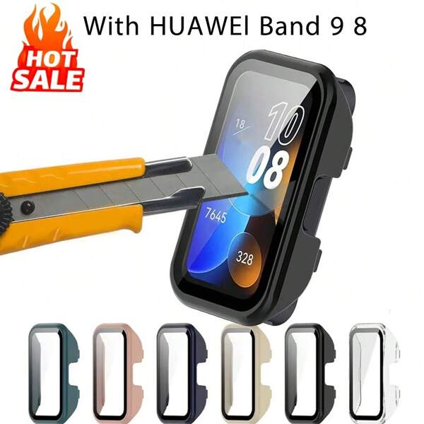 Carcasa para PC + Protector de pantalla Compatible con Hua Wei Band 9/8, Estuche protector con protector de pantalla de vidrio templado y cubierta de parachoques de PC duro, Accesorios para hombres y mujeres