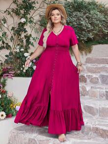 Rusttydustty Women Plus Size Ink Green Slit V-Neck Elegant Full Beach Vacation Dress Minimalist Elegance Music Festival Tropical Vacation - Hot Pink - View 2
