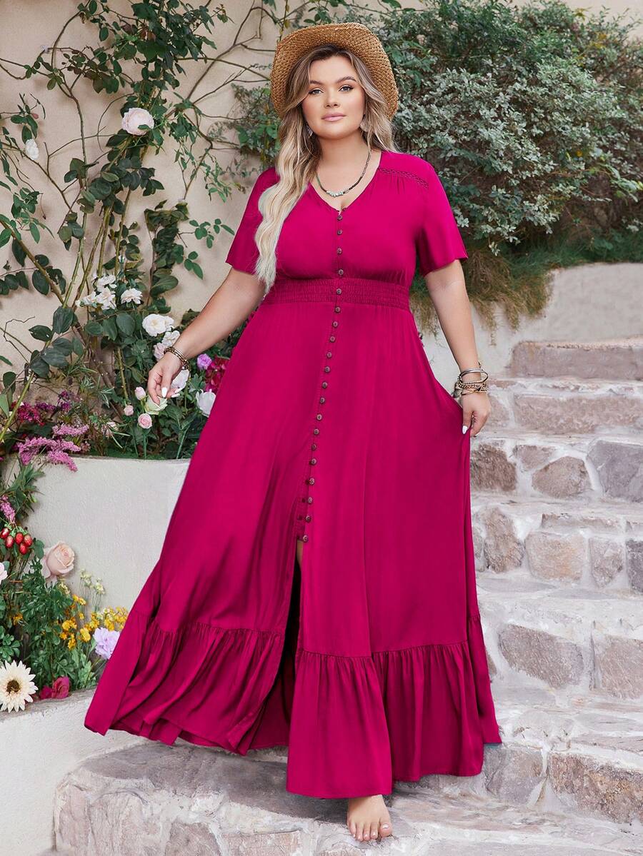 Rusttydustty Women Plus Size Ink Green Slit V-Neck Elegant Full Beach Vacation Dress Minimalist Elegance Music Festival Tropical Vacation