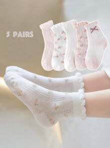5 pares de calcetines finos de malla elástica con borde con volantes para niñas, lindos calcetines deportivos rosa y blanco, para primavera/verano