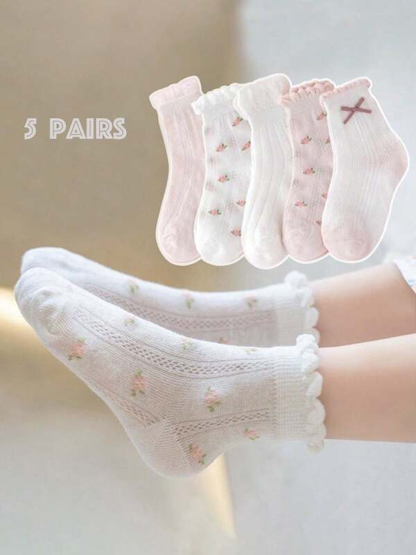 5 Pairs Girls Mesh Thin High Elasticity Socks With Ruffled Edging, Cute Pink & White Sports Socks, Spring/Summer