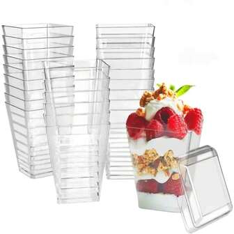 100/50/30/20/10 pezzi Coppette quadrate per mousse con coperchi, coppette per dessert, coppette per budini, adatte per dessert, succhi, frullati, mini coppette