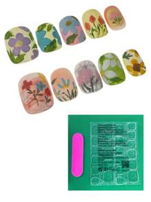 10 pezzi di unghie finte rimovibili, realizzate a mano, realistiche, design originale, forma ovale corta, motivi floreali e dipinti a olio colorati, accessori per unghie estive, con colla e adesivi per donne e ragazze