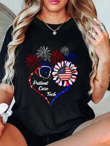 American Flag July 4th Firework Sunflower Patient Care T-Shirt Summer Outfits For Women T Shirts Women Graphic Tees Women - Black - View 1