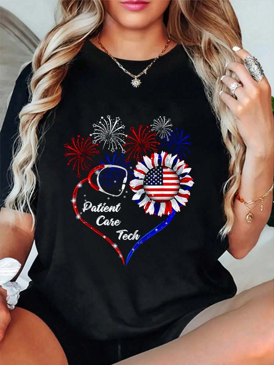 American Flag July 4th Firework Sunflower Patient Care T-Shirt Summer Outfits For Women T Shirts Women Graphic Tees Women - Black - View 1