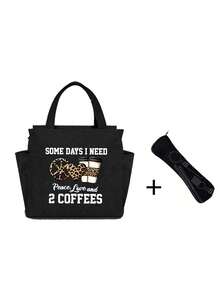 Esta bolsa de almuerzo aislada presenta diseños con estampado de leopardo, corazón y café, con el divertido texto "Algunos días necesito calma, amor y dos tazas de café" impreso en ella. Viene con una bolsa de almacenamiento de cubiertos negra, es reutilizable y tiene un diseño de bolsillo doble. - Multicolor - Ver 14