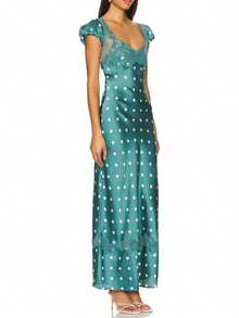 Women Lace Patchwork Bodycon Long Dress Summer Floral Print Cutout Sweetheart Neck Cap Sleeve Back Button Maxi Dress - 綠色 - 查看 2