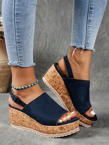 Plateausandale mit Keilabsatz und wasserdichtem Zehenbereich für Damen, retro Leopardenmuster, eleganter boho-Stil mit Holzmaserung, Strandschuhe - Blau - Übersicht 4
