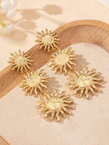 1 Pair Retro Sunflower Drop Earrings, Long, Fashion, Elegant, High-End, Vintage, EU/US Style, Versatile Jewelry - Yellow Gold - View 7
