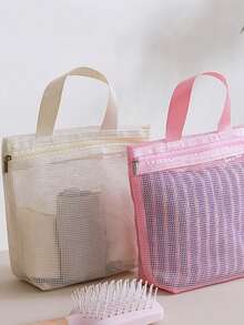 1pc Lightweight Mesh Shower Bag, Travel Cosmetic Bag, Large Capacity Portable Toiletry Bag, Hanging Bathroom Storage Bag, Suitable For Vacation, Summer Holiday, Back To School Season, Can Be Used As School Supplies Bag, Toiletry Bag Or Travel Bag. - Apricot - View 8