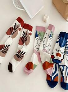 5 pares de calcetines de diseño de pintura abstracta para parejas, calcetines largos transpirables y que absorben la humedad para mujeres, calcetines cómodos y casuales unisex para todas las estaciones, otoño/invierno, estilo europeo