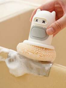 1 set Brosse de cuisine en pot style dessin animé avec pression automatique. Brosse de nettoyage et d'élimination des taches de pot mignonne.