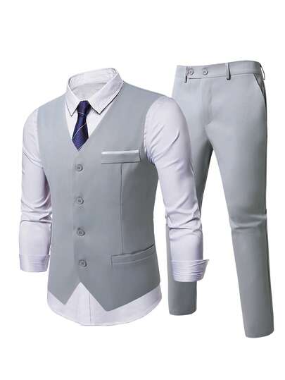 2 件套优雅纯色修身绅士背心 + 裤子套装，适合男士商务、婚礼、派对、活动，浅灰色，春秋季