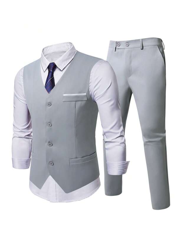 2pcs Elegant Solid Color Slim Fit Gentleman's Vest + Pants Suit Set, For Men's Business, Wedding, Party, Events, Light Gray, Spring/Autumn