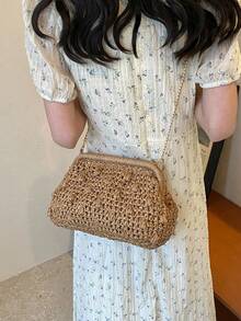 1pc Crease Woven Handbag, Solid Color Hand-Woven Straw Clutch Bag, 2025 Summer New Beach Vacation Shoulder Bag - Khaki - View 5
