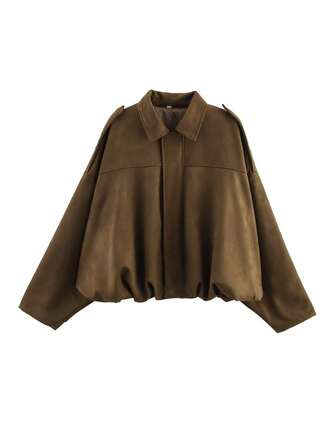SHIBASHAN Women Fashion Suede Bomber Jacket Vintage Turn-Down Collar Long Sleeve Loose Zipper Coat Loose Outerwear