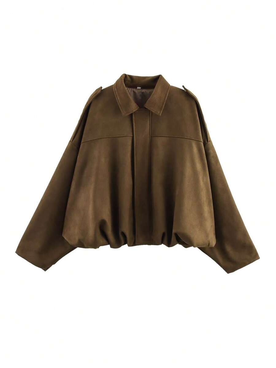 SHIBASHAN Women Fashion Suede Bomber Jacket Vintage Turn-Down Collar Long Sleeve Loose Zipper Coat Loose Outerwear - màu nâu - Xem 1