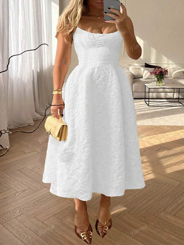 Floreya Sommer Hochzeitskleid in Große Größen, elegantes einfarbiges Kleid aus hochwertigem französischem Material, leicht, taillenbetont, schlank geschnitten, Spaghetti-Träger, Knielanges Kleid, weiß