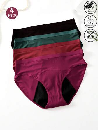 4pcs Women Plain Color High Elasticity Comfortable Skin-Friendly Leak-Proof Period Panties, Post-Partum Underwear