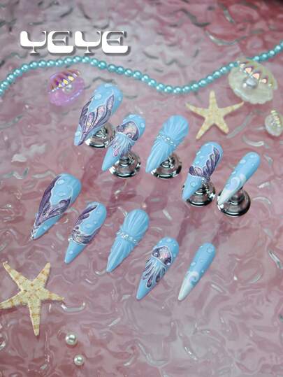 Add A Touch Of Romance With Charming 10pcs Stiletto Shape Handmade Solid Baby Blue 3d Three-Dimensional Drop Of Water Mermaid Tail European Style Full Coverage Fake Nails Long Summer Cool Pearl Shell With Jellyfish Nordic Full Coverage Acrylic Press On Nails Kit For Women And Girls Wedding Nails & 1pc Mini Nail File & 1 Sheet Adhesive Tabs