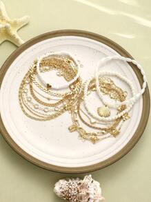 15 Stücke/Set im Strandurlaubs-Stil mit Muscheln, Herzen, Schmetterlingen, Kunstperlen, Ketten mit Metallperlen, Verschlusskette, Schleifenkette, schlichte Ketten, Fußkettchen, elegantes, Vintage Geschenkset für Urlaub, Party, Alltagstragen