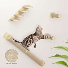 7PCS Wall Mounted Cat Climbing Shelves, Wooden Cat Wall Furniture, Cat Climbing Tree With 3 Scratching Posts/4 Steps Cat Stairway/Hammock/Cat Bed, Cat Tree Wall Mounted With 4 Platforms - 7 件 - 查看 2