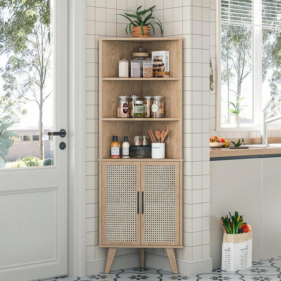 Rattan Corner Cabinet, Free Standing Corner Storage Cabinet With Rattan Doors & Adjustable Shelves Modern Home Space Saver For Bathroom, Living Room, Kitchen Bathroom Decor Summer - 1 - View 1