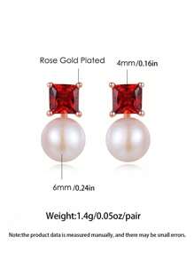 1 Pair Minimalist Summer Fashion Fresh Pearl Embedded Red Stone Rose Gold Plated Stud Earrings, Suitable For Daily Wear For Women
