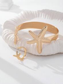1 Set Starfish Cuff Bracelet Starfish Rings Set / Women Summer Beach Style Starfish Jewelry Set - Gold - View 2