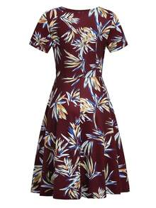 Vestido con estampado floral, escote profundo en V y bolsillos, elegante para vacaciones de verano - Burdeos - Ver 3