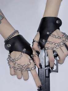 1 双 Y2K 朋克风格链条露指手套，性感前卫舞者表演者角色扮演配饰仿皮半指袖套