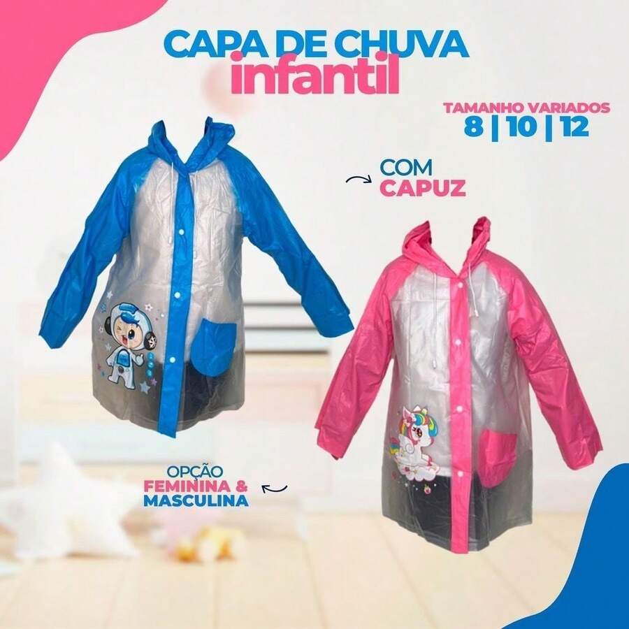 CAPA DE CHUVA INFANTIL OU ADULTO RESISTENTE REUTILIZÁVEL COM CAPUZ E MANGA - Multicolorido - Visão 1