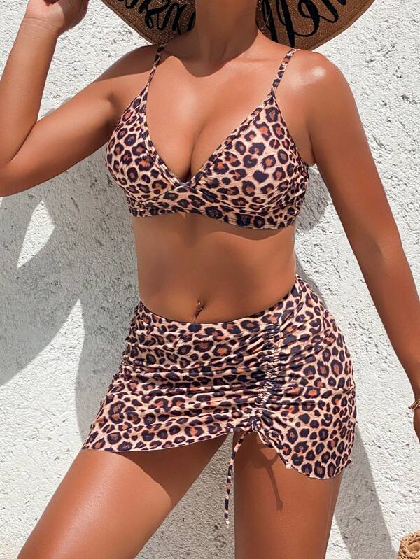 2025 New Leopard Print Tankini With Skirt 3-Piece Set, Sexy & Elegant Resort Swimsuit, Suitable For All Seasons