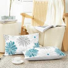 2pcs Soft Polished Upholstery Cover With Comfortable Two-Coloured Blooming Flowers Sofa Bed Upholstery Cushion Cover Farmhouse Upholstery Teal Dark Grey With No Pillow Core On One Side Home Decor Bedroom Decor Room Decor Aesthetic Room Decoration Stuff Living Room Decor Cushion Covers Pillow Case Pillow Cases - Blue Gray - View 5