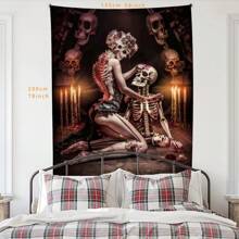 1 pezzo Arazzi decorativi in poliestere, stile gotico romantico, con coppia di scheletri e decorazioni floreali con candele, appesi al muro, per decorazione della casa, del soggiorno, della camera da letto, stile bohémien, estetico, regalo unico, decorazione di fantasia dark