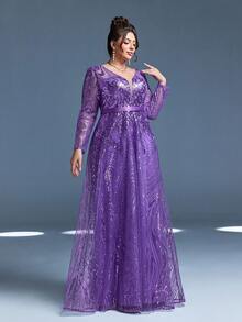 Mgiacy New Arrival V Neck Dark Purple Plus Size Evening Gown Dress Sequin Belt Mesh Long Dress