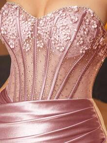 Sexy Rhinestone 3D Flower Formal Evening Gown For Women With High Split Long Sparkly Luxury Mermaid Satin Prom Dresses With Semi-Sheer Boned Corset Strapless Party Gown, For Wedding Guest - 粉色 - 查看 8