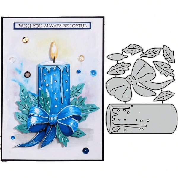 1 Pc Metal Cutting Die Set With Candle, Bow, Leaf Designs, Grey Color, For Paper Cutting, Cardmaking, Scrapbooking, And DIY Crafts Decoration