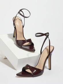 Sandalias de mujer de tacón alto, de material de alta calidad suave, con punta puntiaguda, tira de tobillo sexy, tacón delgado y alto, para primavera/verano, discoteca, fiesta de alta gama, al aire libre, exhibición de moda, de calidad en color café oscuro