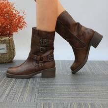 Women Buckle Strap Combat Boots Mid Calf Chunky Heel Motorcycle Boots For Women Casual Vintage Style Non-Slip Riding Boots Faux Leather Winter Shoes Durable Side Zipper Lace Up Rugged Outdoor Footwear Comfortable Everyday Boots - 科涅克白蘭地 - 查看 3