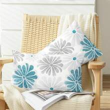 2pcs Soft Polished Upholstery Cover With Comfortable Two-Coloured Blooming Flowers Sofa Bed Upholstery Cushion Cover Farmhouse Upholstery Teal Dark Grey With No Pillow Core On One Side Home Decor Bedroom Decor Room Decor Aesthetic Room Decoration Stuff Living Room Decor Cushion Covers Pillow Case Pillow Cases - Blue Gray - View 4