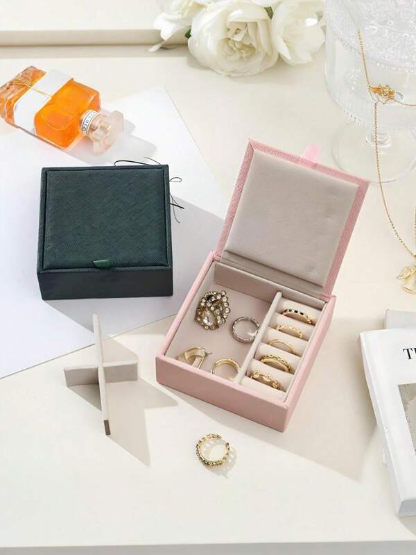 Caja de joyería portátil y multifuncional, caja de almacenamiento con tapa abatible para anillos, aretes, exquisita caja de baratijas de PU, caja de cremallera para joyas de viaje, aretes, anillos, collares, pulseras, bolsas cosméticas portátiles para organizar el almacenamiento de mujeres, artículos esenciales de viaje, regreso a la escuela, almacenamiento de dormitorio, decoración de otoño