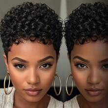 Short Elfin Cut Human Hair Wig For Women Short Afro Curly Wave Human Hair Wig With Bangs Remy Peruvian Human Hair Wig Rose Net Full Machine Made Nature Color Human Hair 4inch 180% Density Holiday Wear Party Wear