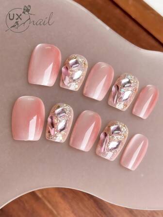 10 piezas de uñas postizas cuadradas cortas hechas a mano, uñas postizas con efecto degradado y brillo, uñas postizas de cobertura total hechas a mano con juego de tallas para mujeres, suministros de arte de uñas para uso diario, fiesta y ocasiones especiales para chicas dulces de verano