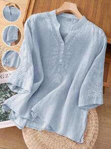 Blusa casual de lino holgada con bordado asimétrico de unicolor para primavera y verano