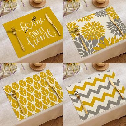 1pc/4pcs/6pcs/60pcs Daily Decorative Placemats, Yellow Geometric Striped Gerbera Linen Placemats, Dirt-Resistant Placemats, Suitable For Home, Dining Room And Restaurant, Tabletop Decor, Home Goods