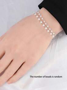1 pièce Bracelet en acier inoxydable 3/4mm avec de fausses perles blanches pour femmes. Bijou avec chaîne de perles simples et mode (le nombre de perles est aléatoire)