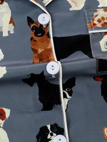 2 件夏季清凉短袖睡衣套装女士，翻领纽扣短袖上衣和宽松弹力短裤，卡通狗图案，舒适休闲，适合居家穿着，四季皆宜 - 彩色 - 查看 7