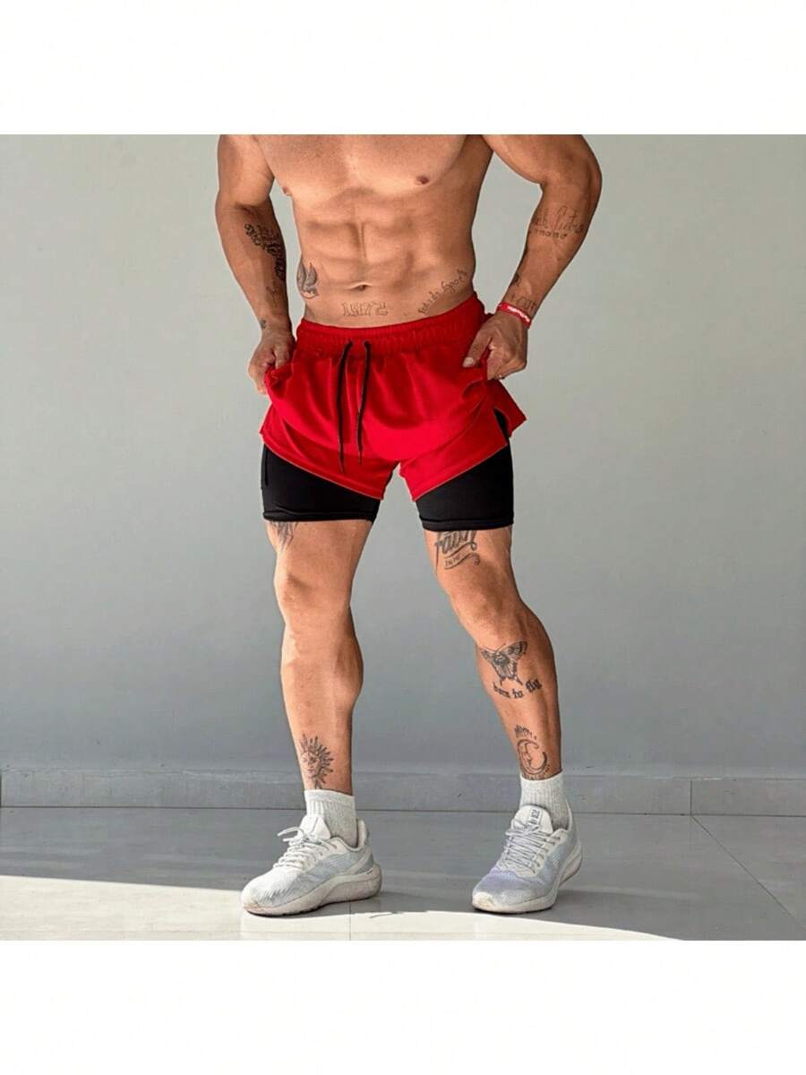 2 In 1 Bermuda Shorts For Gym Training - Men's Dry Fit Shorts - 紅色 - 查看 1