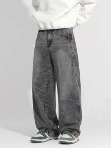 1 件正义兄弟复古阔腿牛仔裤，复古水洗拼布休闲宽松直筒裤男士